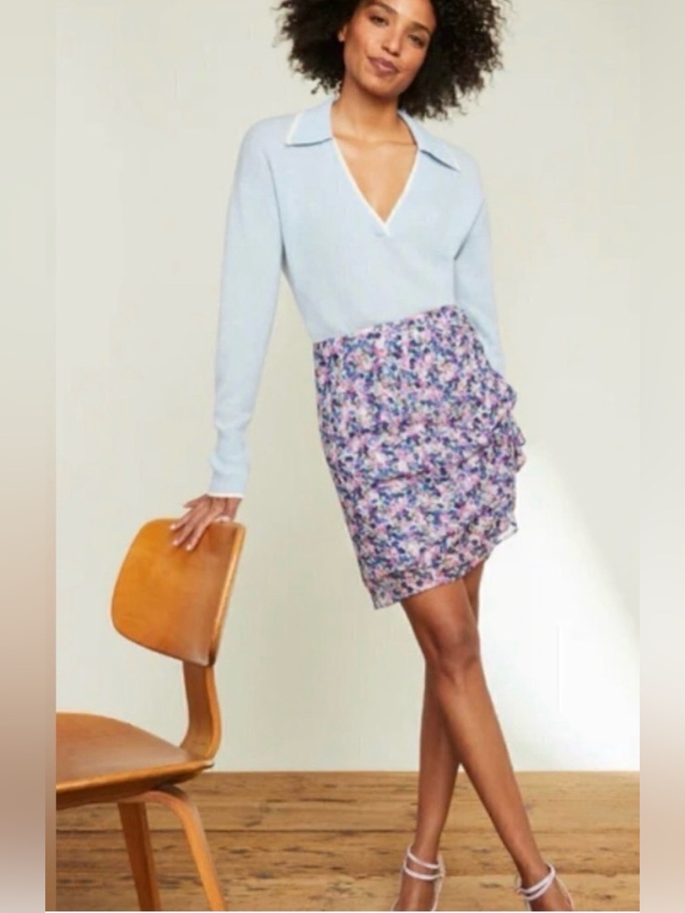 Veronica Beard Skirt Floral Spencer Side Ruffles in Multi-Color-100%Silk